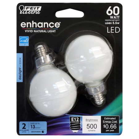 Feit Electric Feit Enhance G16.5 E12 (Candelabra) Filament LED Bulb Daylight 60 Watt Equivalence 2 pk BPG1660W95CAFL2